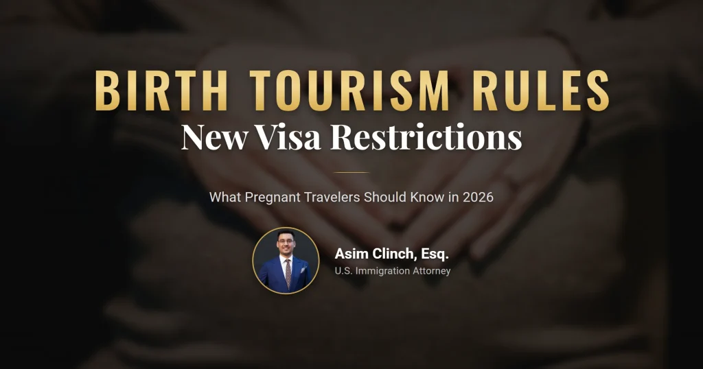 Birth tourism visa restrictions in 2026 and a pregnant B-2 traveler holding a passport at the airport